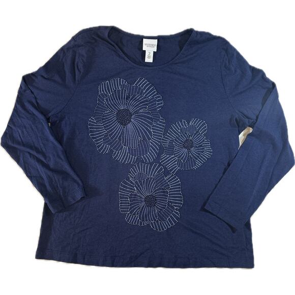 Chico’s Weekend Top Size 2 Navy Blue Floral Beaded Long Sleeve Tunic Blouse - Picture 1 of 8